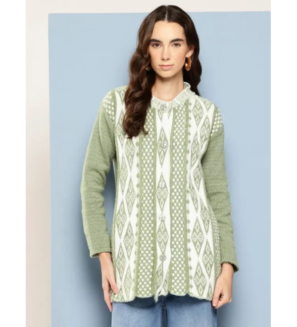 Solid Round Neck Casual Women Pure Wool Green Cardigan