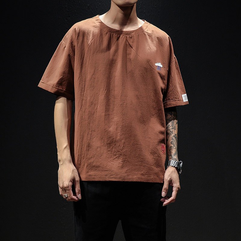 Embroidered Cotton Linen Half Sleeve Top Chinese Style Plus Size Summer Men's Loose TShirt - Image 4