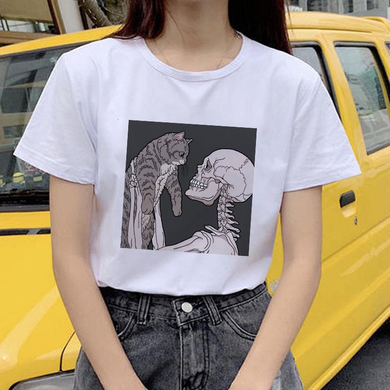 Horro Skull and Cat Femal Tshirt Top Tees kawai T-shirt - Image 3