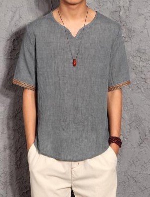 Shortsleeved T-shirt, Chinese Style Vneck Hit Color, Trendy Men's Cotton And Linen Plus Size Casual Tshirt,
