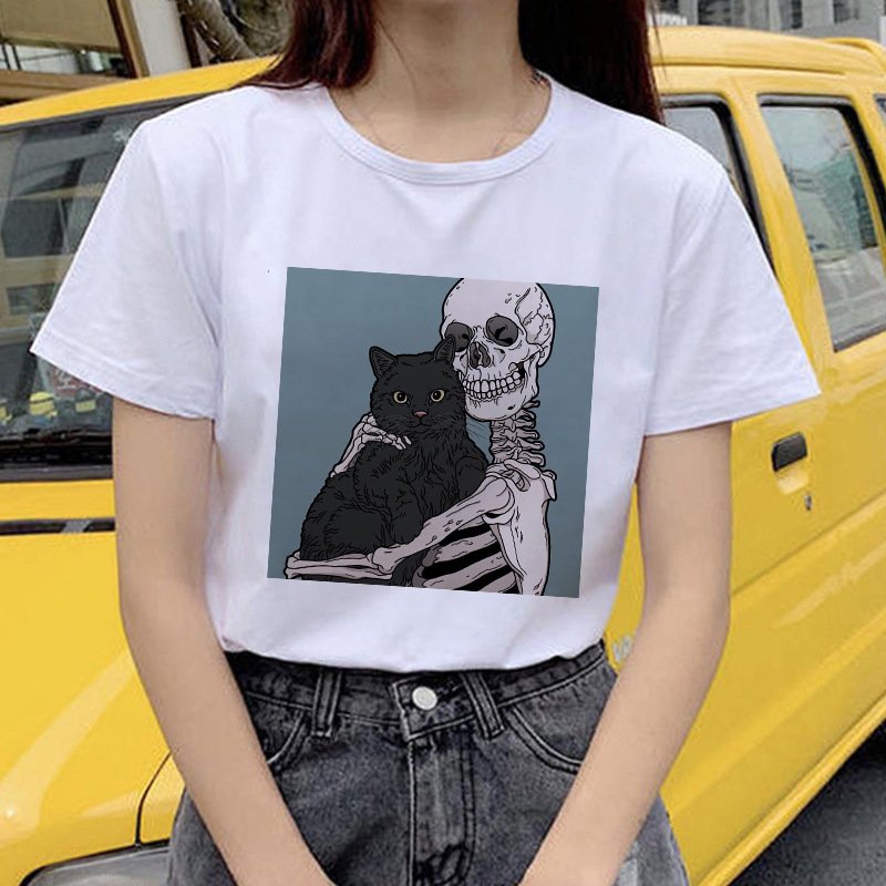 Horro Skull and Cat Femal Tshirt Top Tees kawai T-shirt - Image 9