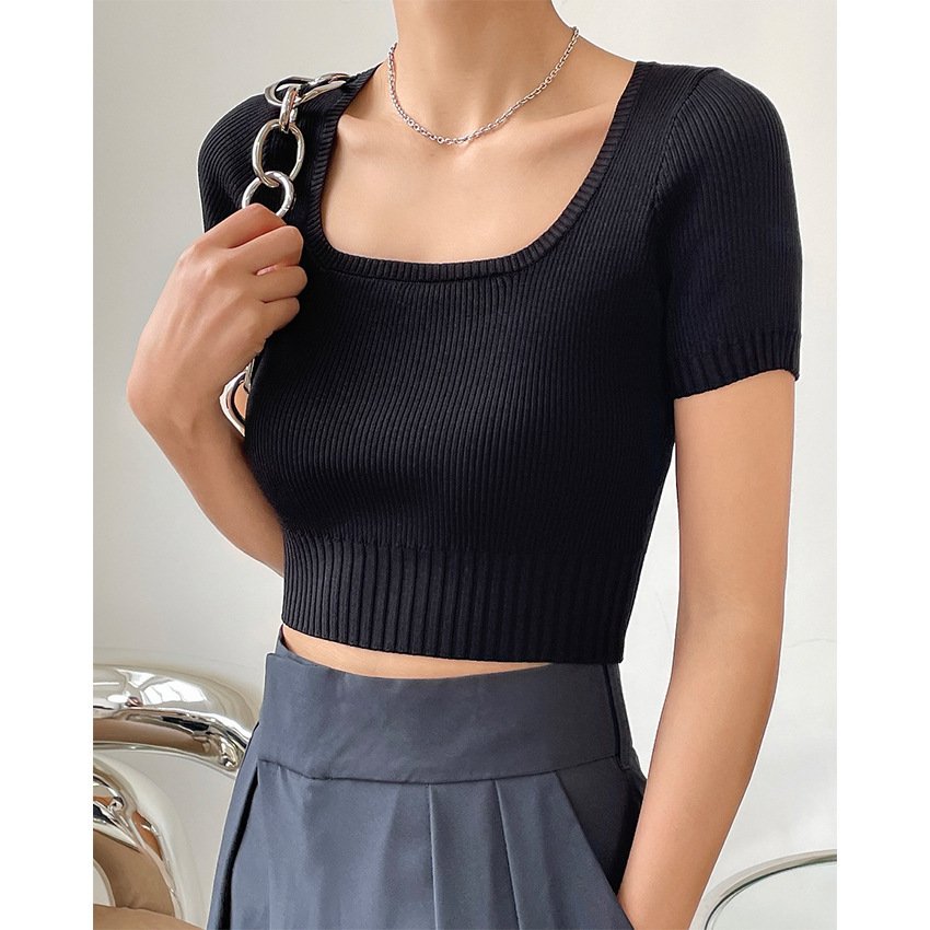 Bloggerstyle Fashionable Squareneck Short Navel Tshirt Slimming Shortsleeved Knitted Top Women - Image 3