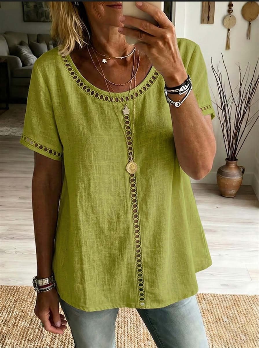 Women's Spring Summer Comfortable Casual Patchwork Hollowed-Out Trim Top T-Shirt - Image 10