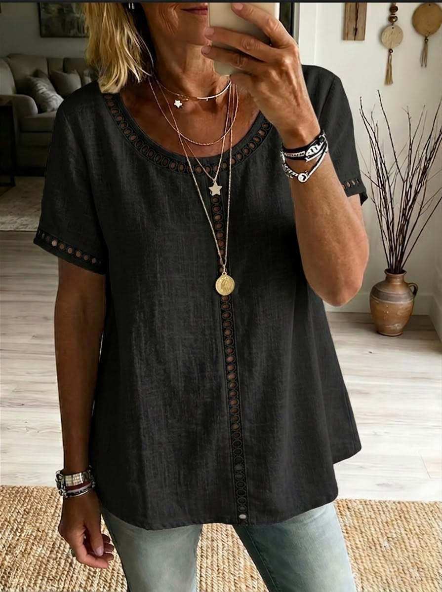 Women's Spring Summer Comfortable Casual Patchwork Hollowed-Out Trim Top T-Shirt - Image 6