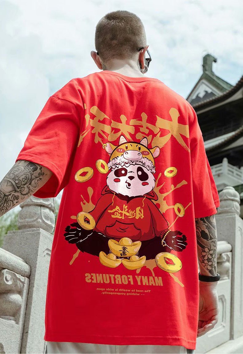 Red Shortsleeved Tshirt Men's Ins Plus Size Couple Wear Cotton Loose Half Top - Image 2