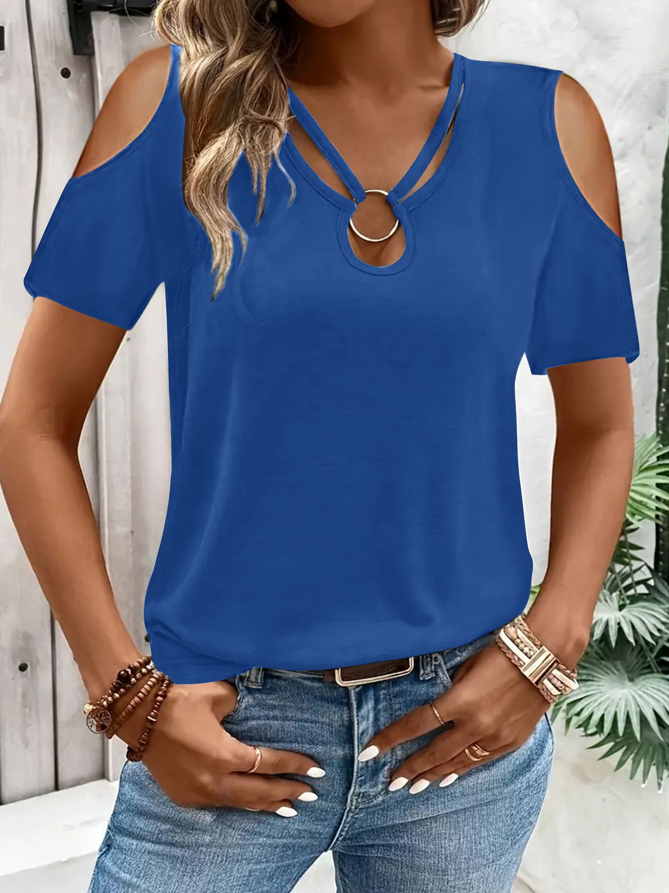 Womens Loose-Fit Cross-Over V-Neck Off-the-Shoulder Short-Sleeve TShirt - Image 8