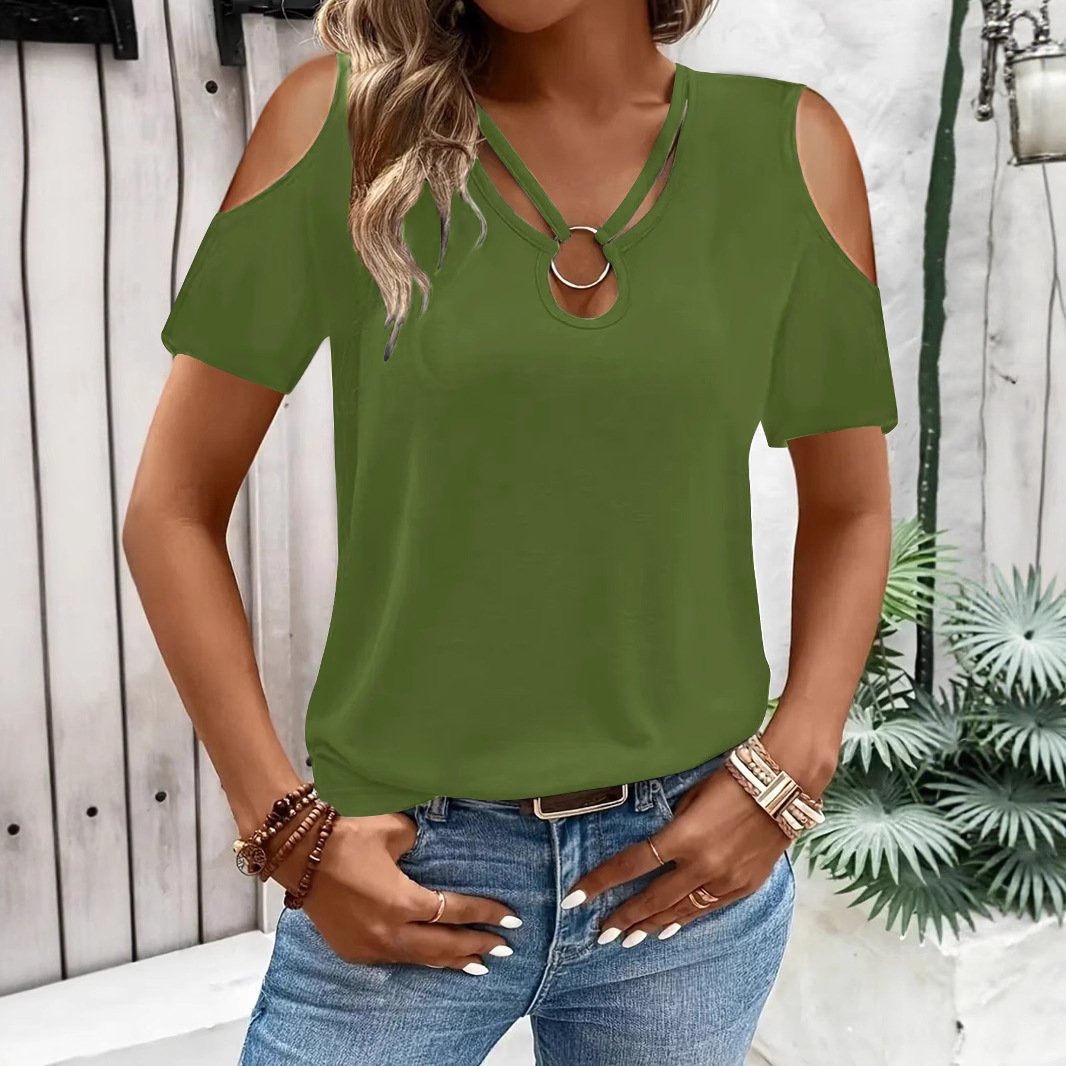 Womens Loose-Fit Cross-Over V-Neck Off-the-Shoulder Short-Sleeve TShirt - Image 4