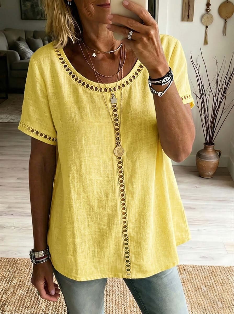 Women's Spring Summer Comfortable Casual Patchwork Hollowed-Out Trim Top T-Shirt - Image 9