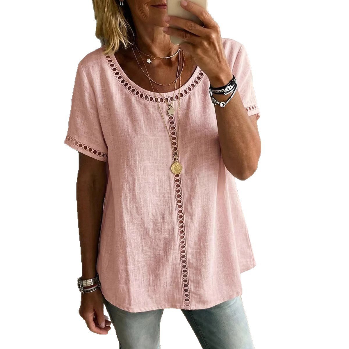 Women's Spring Summer Comfortable Casual Patchwork Hollowed-Out Trim Top T-Shirt - Image 5