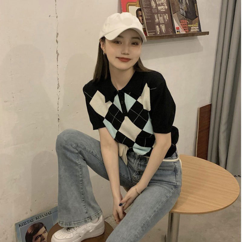 Women's Retro Diamond Polo Collar Short Sleeve Tshirt - Image 2