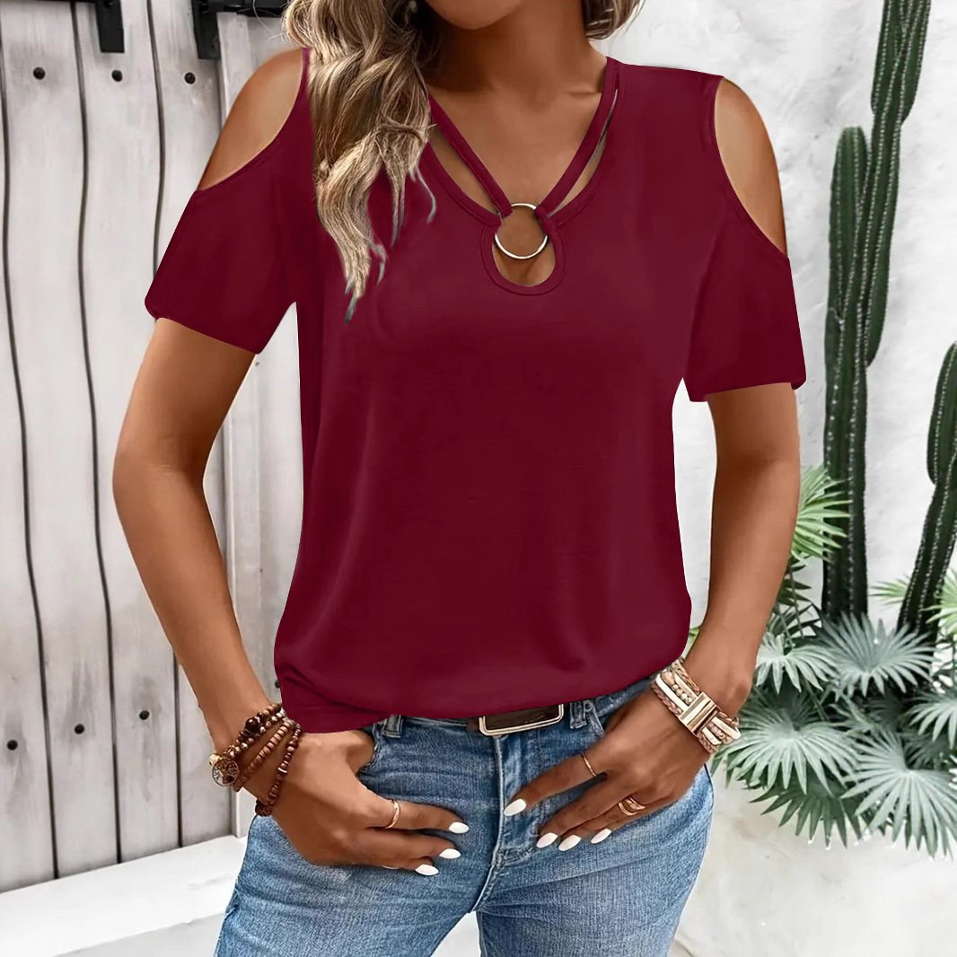 Womens Loose-Fit Cross-Over V-Neck Off-the-Shoulder Short-Sleeve TShirt - Image 2