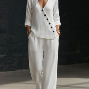Loose-fitting V-neck Cross-over Shirt And Wide-leg Pants