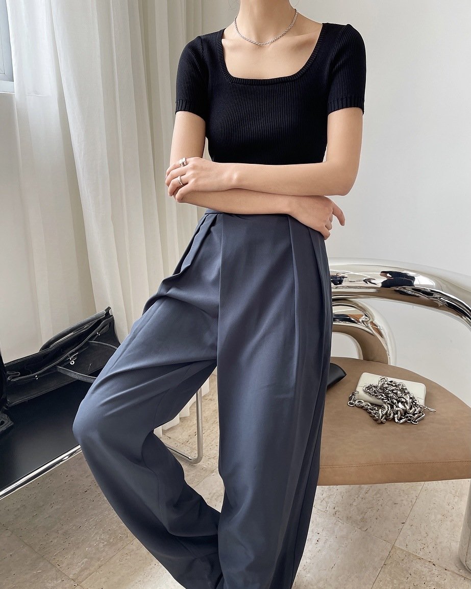 Bloggerstyle Fashionable Squareneck Short Navel Tshirt Slimming Shortsleeved Knitted Top Women - Image 5