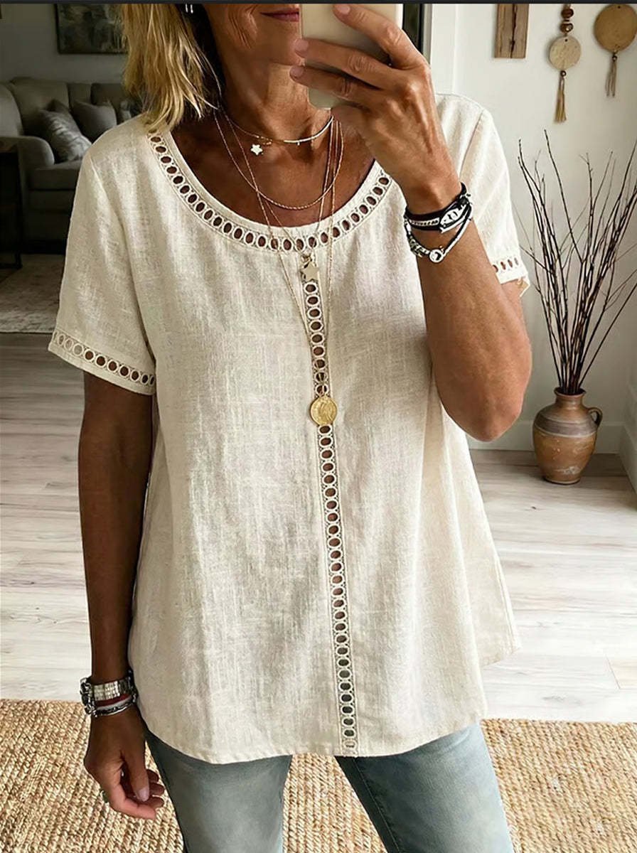 Women's Spring Summer Comfortable Casual Patchwork Hollowed-Out Trim Top T-Shirt - Image 7