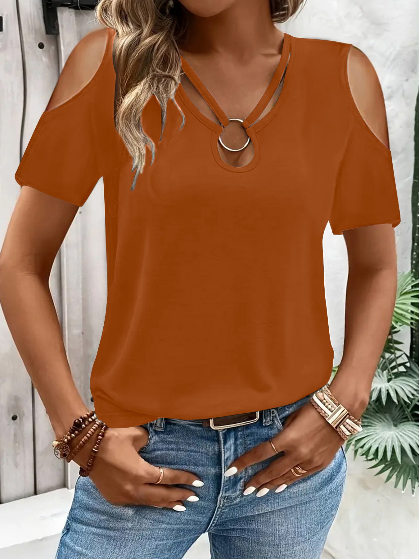 Womens Loose-Fit Cross-Over V-Neck Off-the-Shoulder Short-Sleeve TShirt - Image 9