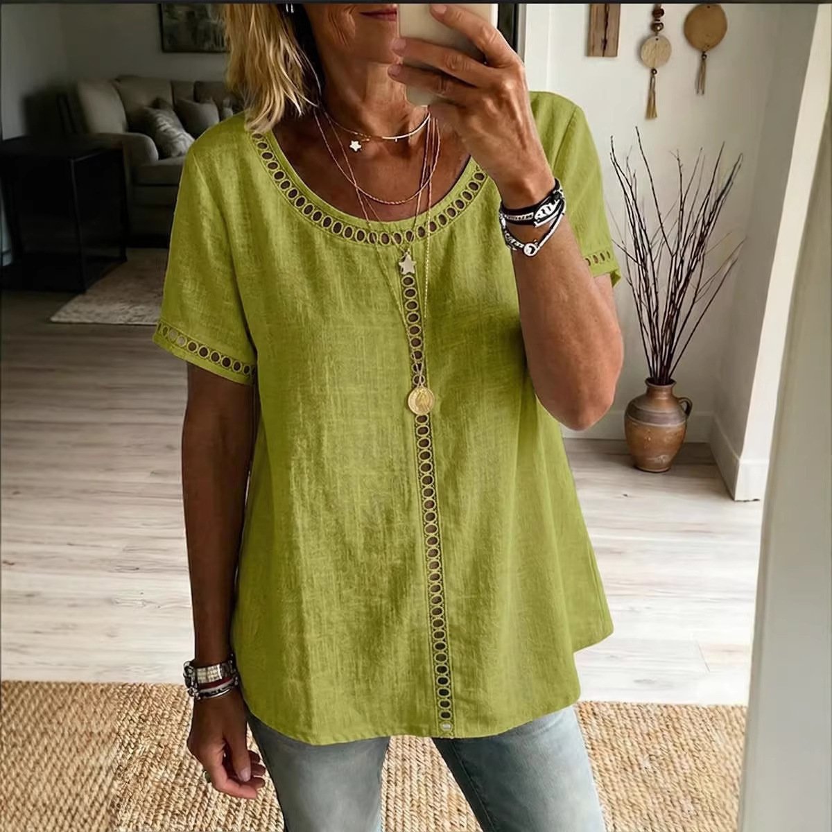 Women's Spring Summer Comfortable Casual Patchwork Hollowed-Out Trim Top T-Shirt - Image 2