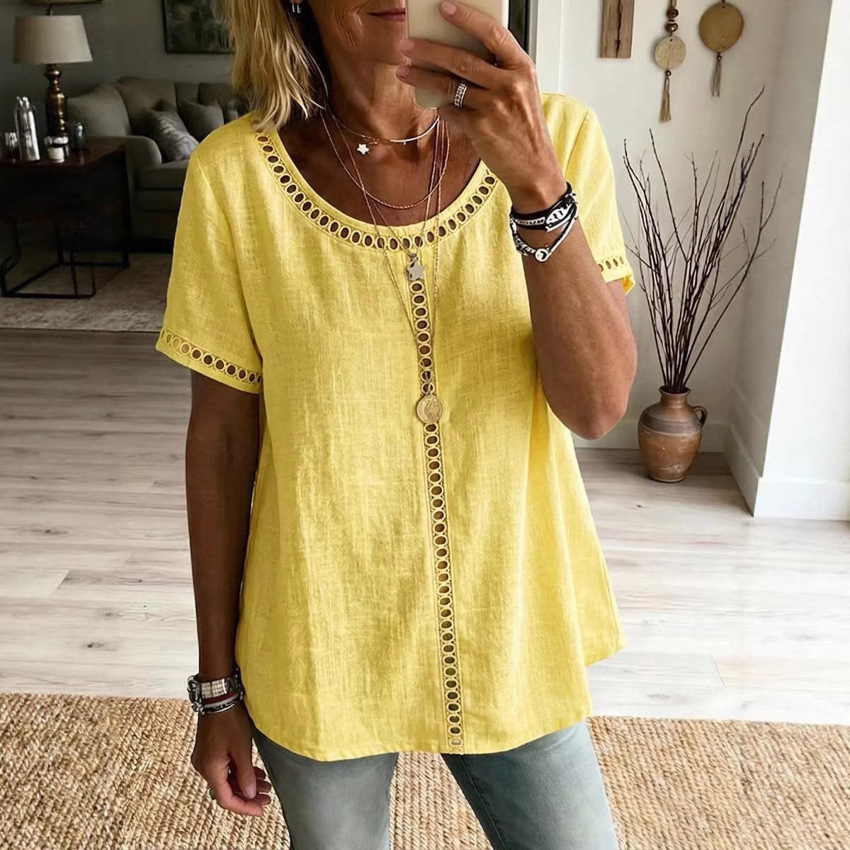 Women's Spring Summer Comfortable Casual Patchwork Hollowed-Out Trim Top T-Shirt - Image 3