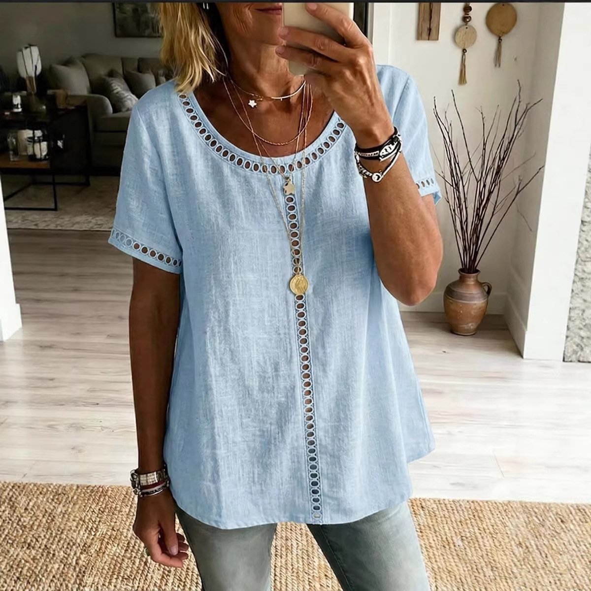 Women's Spring Summer Comfortable Casual Patchwork Hollowed-Out Trim Top T-Shirt - Image 4