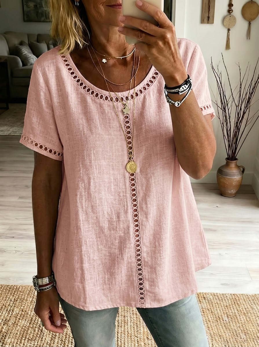 Women's Spring Summer Comfortable Casual Patchwork Hollowed-Out Trim Top T-Shirt - Image 8