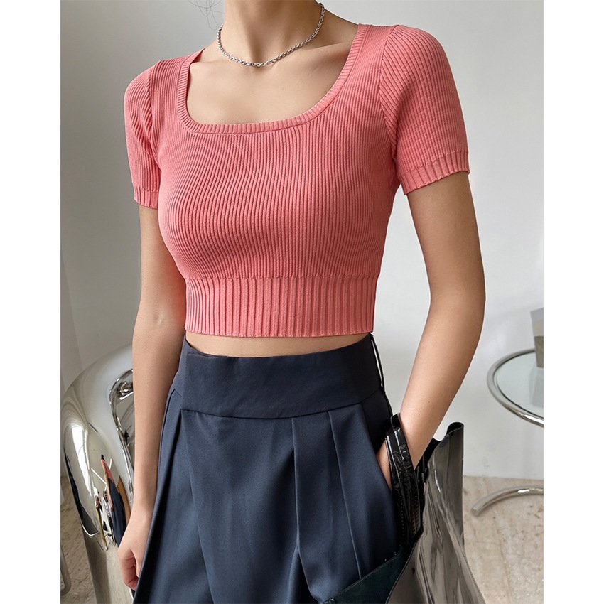 Bloggerstyle Fashionable Squareneck Short Navel Tshirt Slimming Shortsleeved Knitted Top Women - Image 4