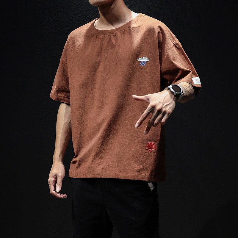 Embroidered Cotton Linen Half Sleeve Top Chinese Style Plus Size Summer Men's Loose TShirt - Image 6